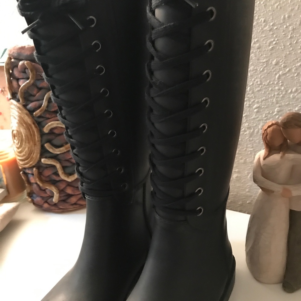 Black lace up rain boots